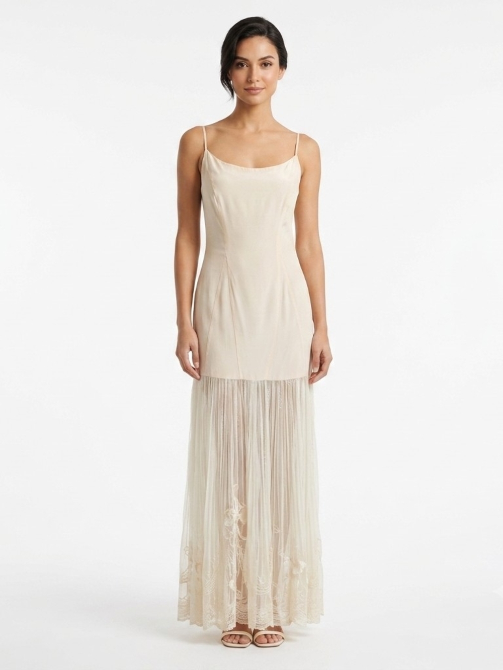 Carmen Marc Valvo Cream Slip Maxi Dress with Sheer Lace Hem